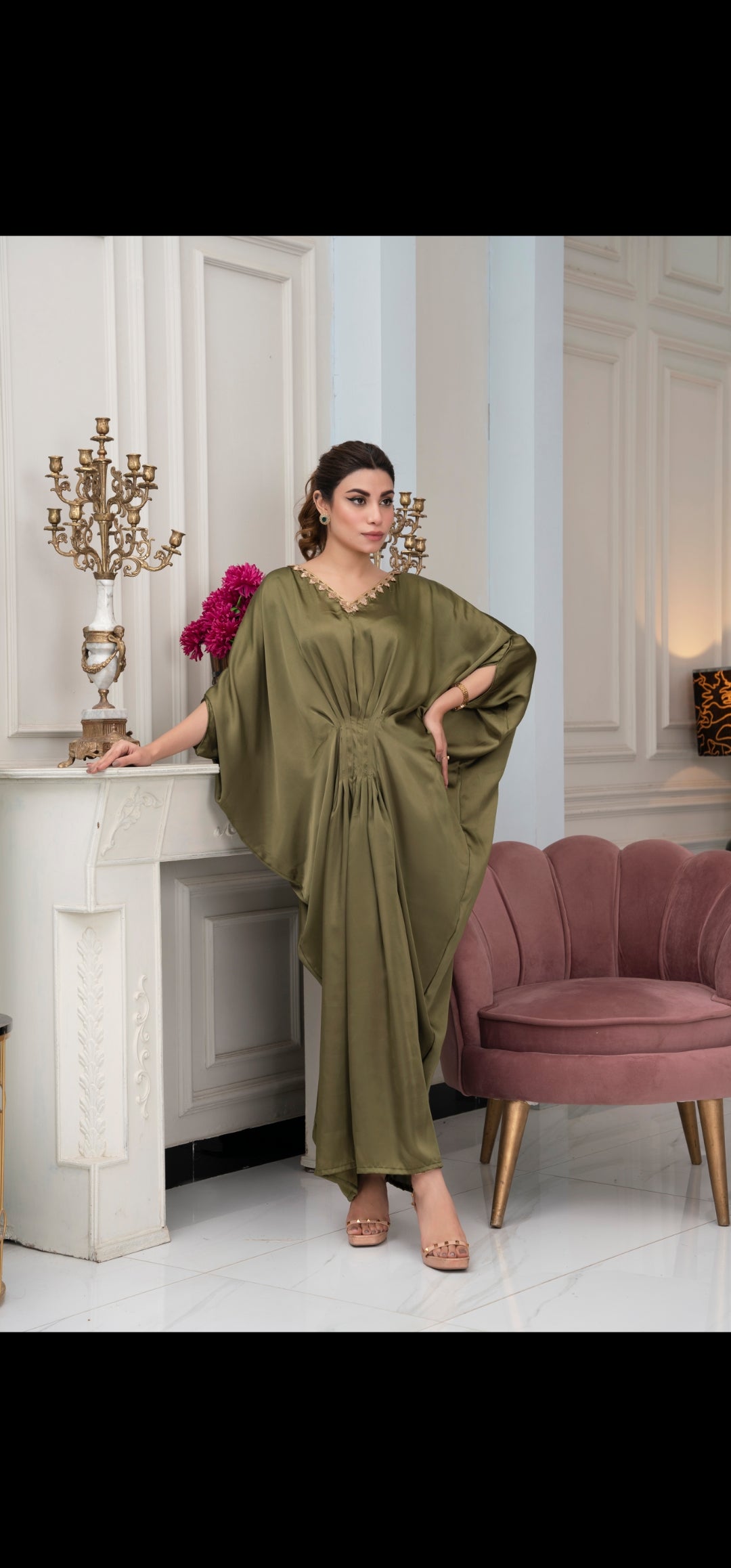 Olive Green zariwork silk kaftan