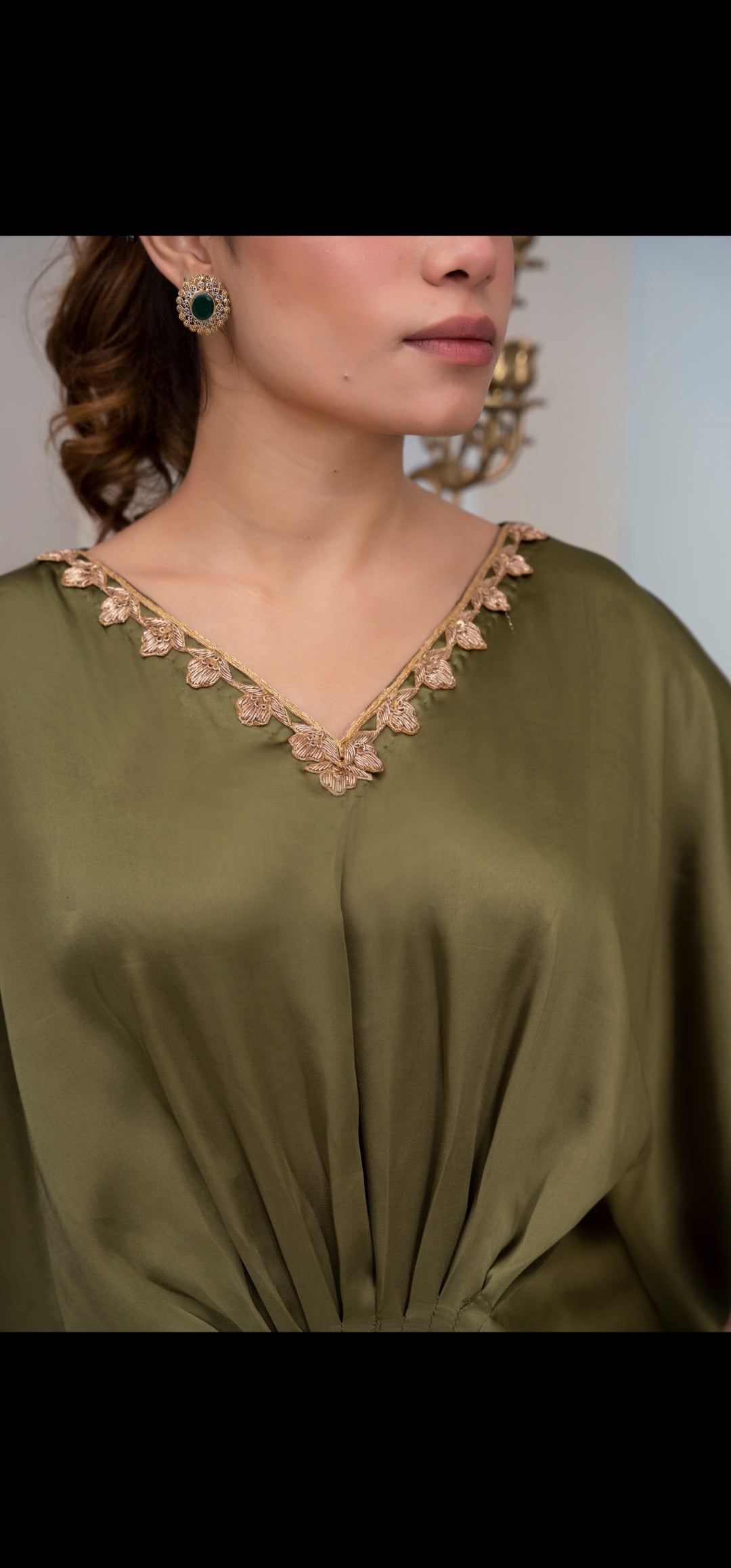 Olive Green zariwork silk kaftan