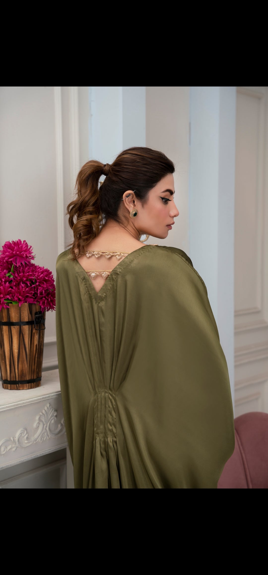 Olive Green zariwork silk kaftan