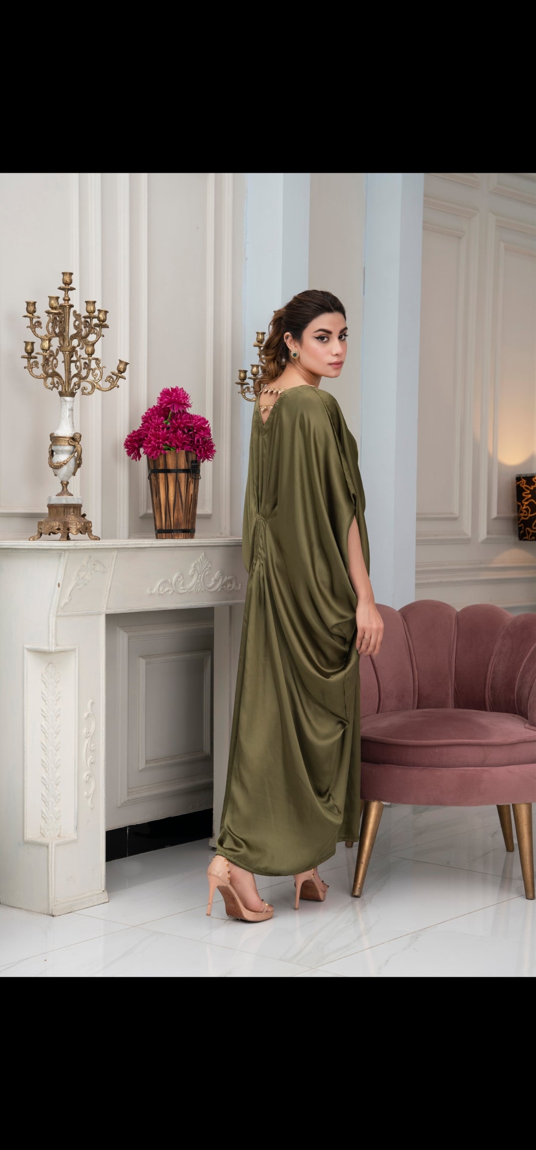 Olive Green zariwork silk kaftan