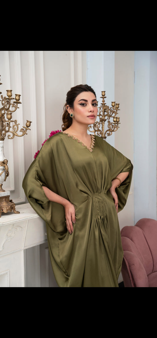 Olive Green zariwork silk kaftan