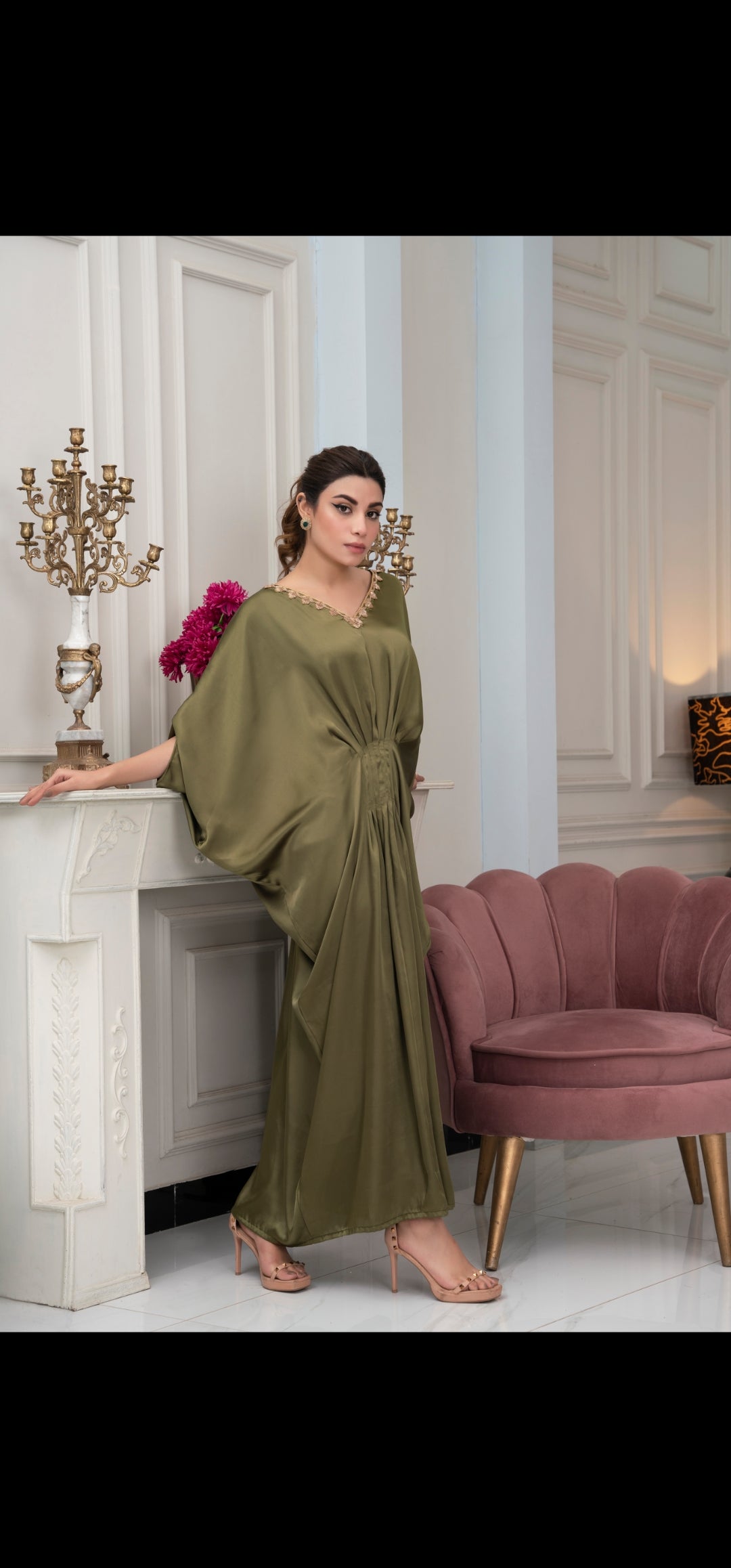 Olive Green zariwork silk kaftan