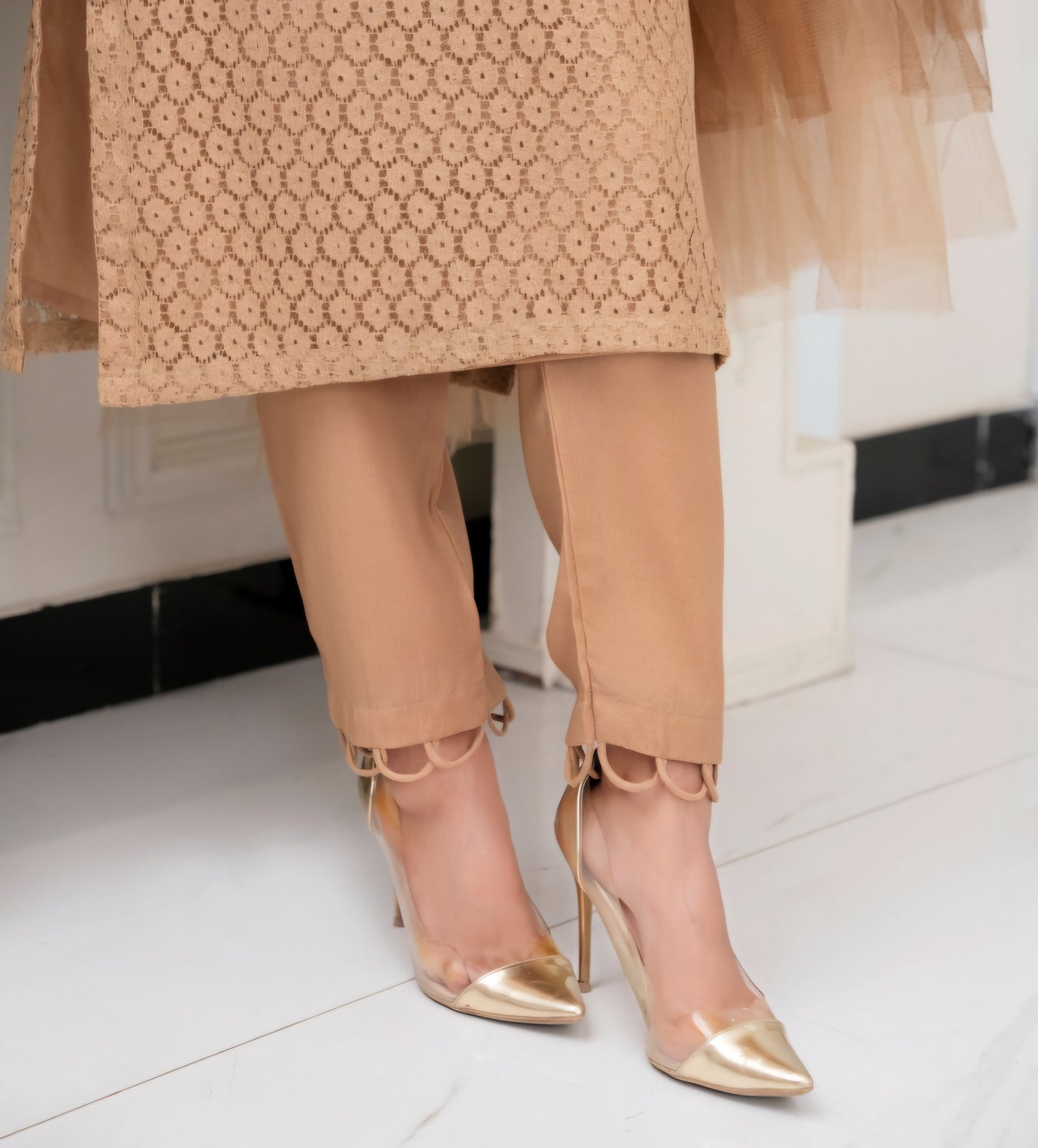 Nayab-Beige Lace Dress