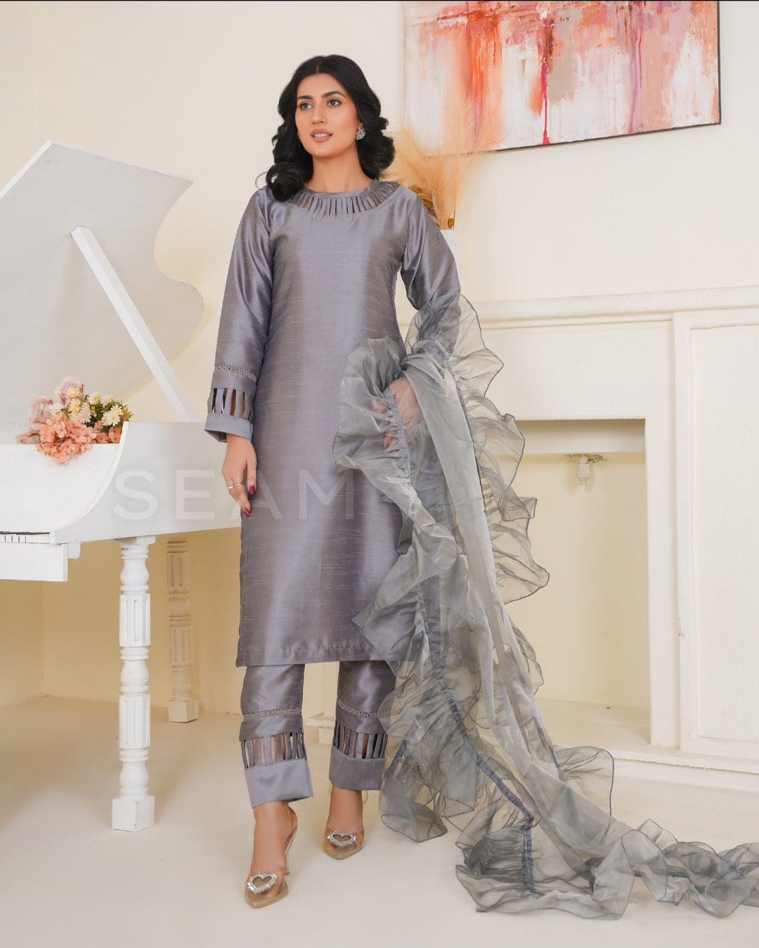 LAILA- Grey Raw Silk Dress