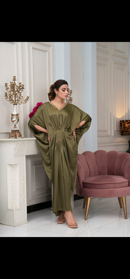 Olive Green zariwork silk kaftan