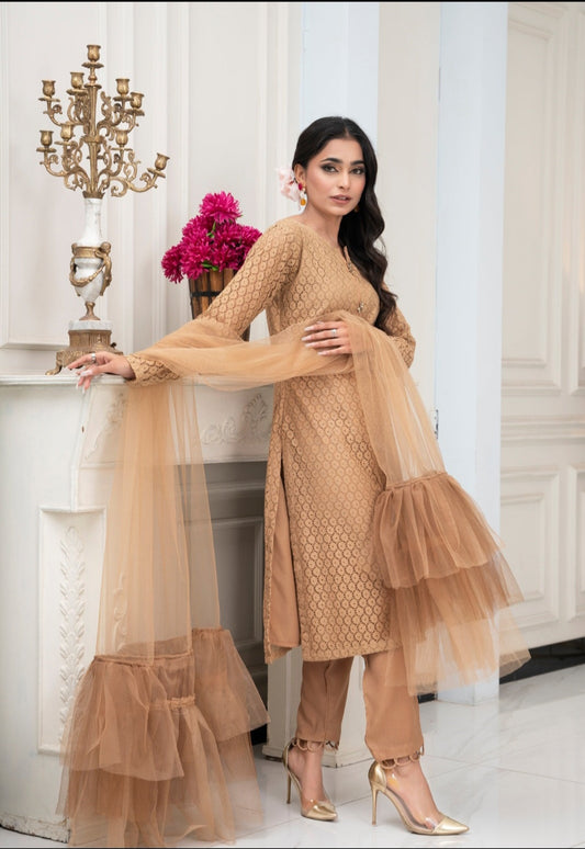 Nayab-Beige Lace Dress