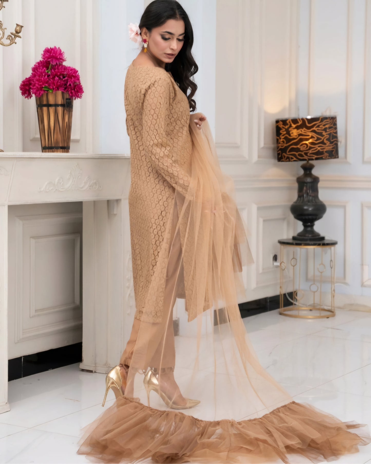 Nayab-Beige Lace Dress
