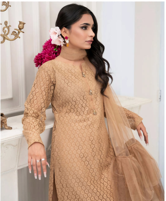 Nayab-Beige Lace Dress