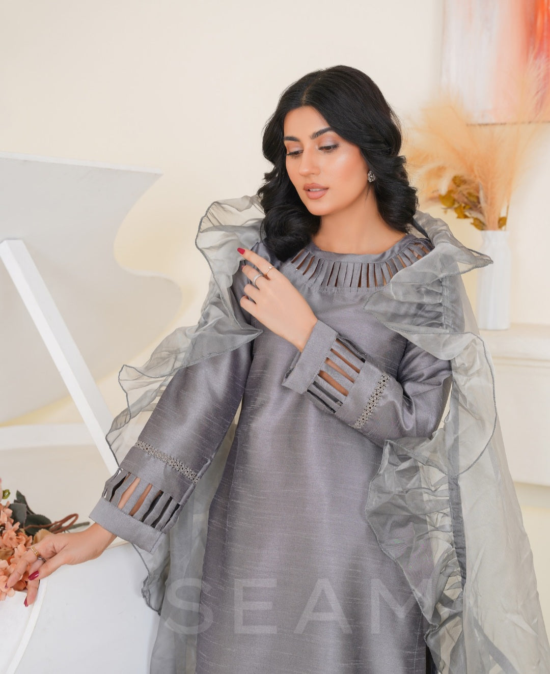 LAILA- Grey Raw Silk Dress